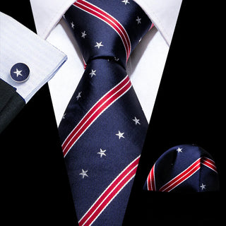New Navy Blue Red White Stars Striped Novelty Silk Necktie Pocket Square Cufflinks Set