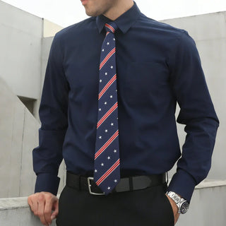New Navy Blue Red White Stars Striped Novelty Silk Necktie Pocket Square Cufflinks Set
