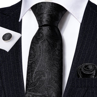 New Black Paisley Silk Men's Necktie Pocket Square Cufflinks Set