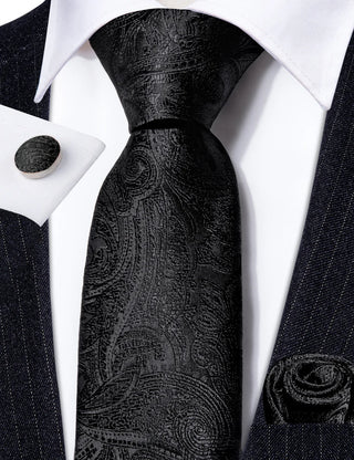 New Black Paisley Silk Men's Necktie Pocket Square Cufflinks Set