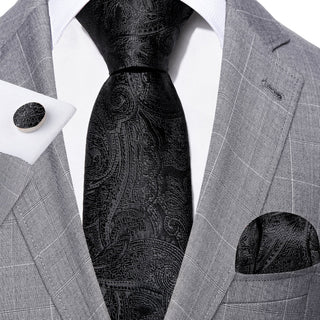 New Black Paisley Silk Men's Necktie Pocket Square Cufflinks Set
