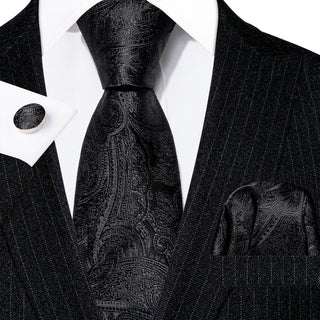 New Black Paisley Silk Men's Necktie Pocket Square Cufflinks Set