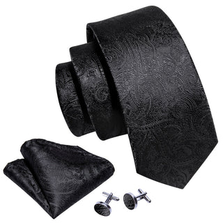 New Black Paisley Silk Men's Necktie Pocket Square Cufflinks Set