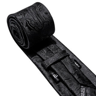 New Black Paisley Silk Men's Necktie Pocket Square Cufflinks Set