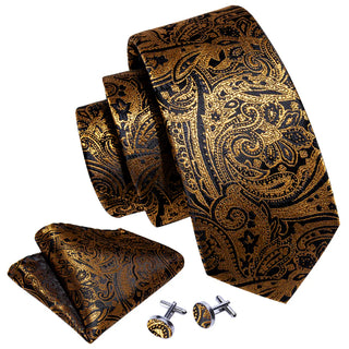 Golden Black Floral Silk Necktie Pocket Square Cufflinks Set