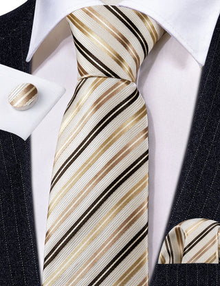 White Gold Striped Champagne Silk Necktie Pocket Square Cufflinks Set
