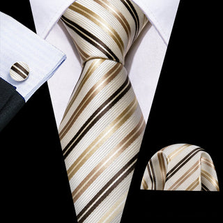 White Gold Striped Champagne Silk Necktie Pocket Square Cufflinks Set