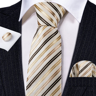 White Gold Striped Champagne Silk Necktie Pocket Square Cufflinks Set