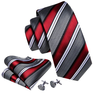 Red Grey Striped Novelty Silk Necktie Pocket Square Cufflinks Set