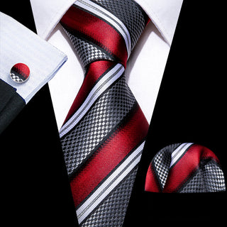 Red Grey Striped Novelty Silk Necktie Pocket Square Cufflinks Set