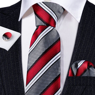 Red Grey Striped Novelty Silk Necktie Pocket Square Cufflinks Set