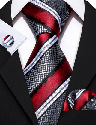 Red Grey Striped Novelty Silk Necktie Pocket Square Cufflinks Set