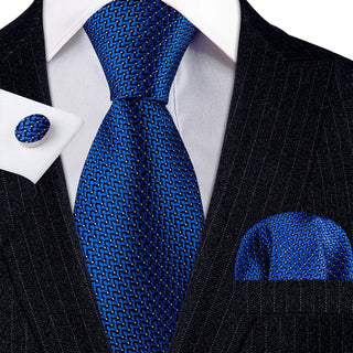 New Solid Blue Silk Men's Necktie Pocket Square Cufflinks Set