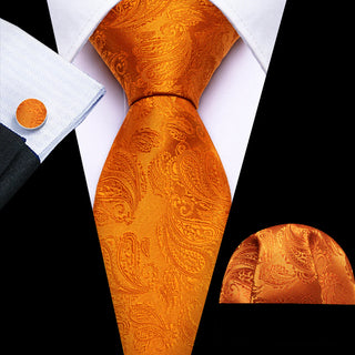 Orange Paisley Silk Necktie Pocket Square Cufflinks Set