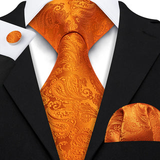 Orange Paisley Silk Necktie Pocket Square Cufflinks Set
