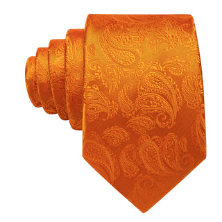 Orange Paisley Silk Necktie Pocket Square Cufflinks Set