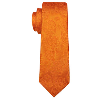 Orange Paisley Silk Necktie Pocket Square Cufflinks Set