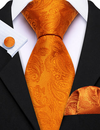 Orange Paisley Silk Necktie Pocket Square Cufflinks Set