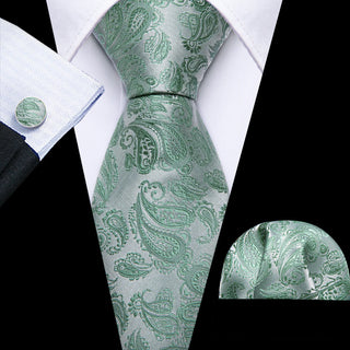 Green Silver Paisley Silk Necktie Pocket Square Cufflinks Set