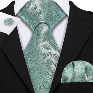 Green Silver Paisley Silk Necktie Pocket Square Cufflinks Set