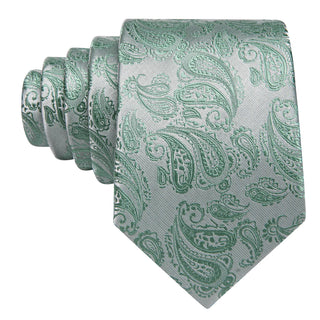 Green Silver Paisley Silk Necktie Pocket Square Cufflinks Set