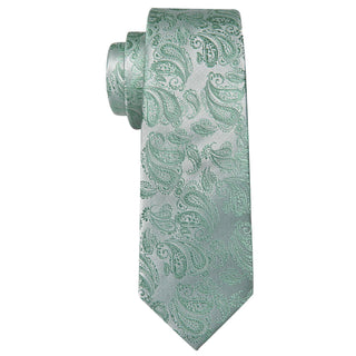 Green Silver Paisley Silk Necktie Pocket Square Cufflinks Set