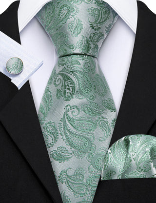 Green Silver Paisley Silk Necktie Pocket Square Cufflinks Set