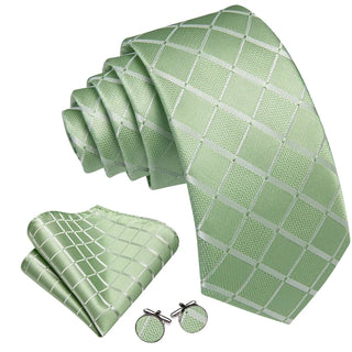 Mint Green Plaid Silk Men's Necktie Pocket Square Cufflinks Set