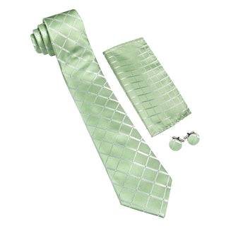 Mint Green Plaid Silk Men's Necktie Pocket Square Cufflinks Set