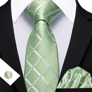 Mint Green Plaid Silk Men's Necktie Pocket Square Cufflinks Set