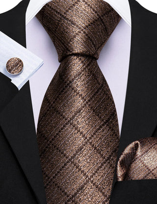 Brown Plaid Novelty Silk Necktie Pocket Square Cufflinks Set