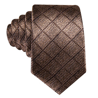 Brown Plaid Novelty Silk Necktie Pocket Square Cufflinks Set