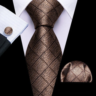 Brown Plaid Novelty Silk Necktie Pocket Square Cufflinks Set
