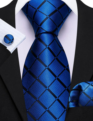 Navy Blue Black Lines Plaid Silk Men's Necktie Pocket Square Cufflinks Set