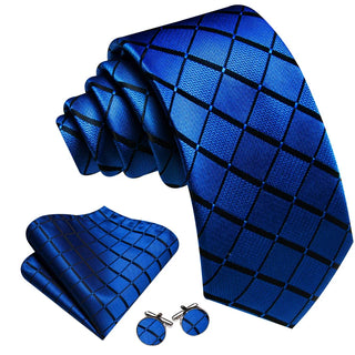 Navy Blue Black Lines Plaid Silk Men's Necktie Pocket Square Cufflinks Set
