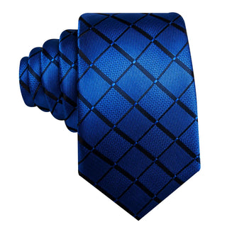 Navy Blue Black Lines Plaid Silk Men's Necktie Pocket Square Cufflinks Set