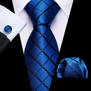 Navy Blue Black Lines Plaid Silk Men's Necktie Pocket Square Cufflinks Set