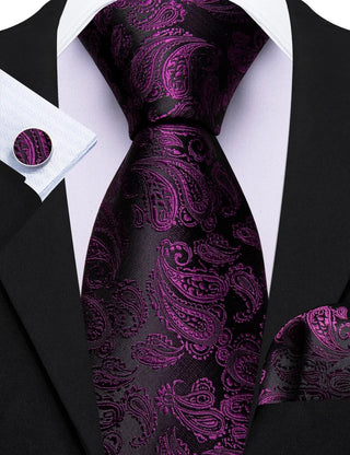 Purple Black Paisley Silk Men's Necktie Pocket Square Cufflinks Set