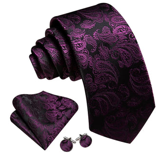 Purple Black Paisley Silk Men's Necktie Pocket Square Cufflinks Set