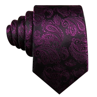 Purple Black Paisley Silk Men's Necktie Pocket Square Cufflinks Set
