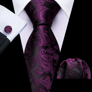 Purple Black Paisley Silk Men's Necktie Pocket Square Cufflinks Set
