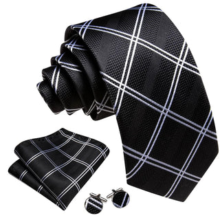 New Black White Plaid Silk Men's Necktie Pocket Square Cufflinks Set