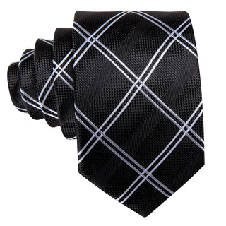 New Black White Plaid Silk Men's Necktie Pocket Square Cufflinks Set