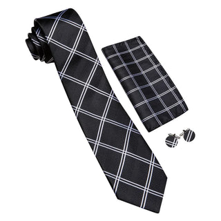 New Black White Plaid Silk Men's Necktie Pocket Square Cufflinks Set