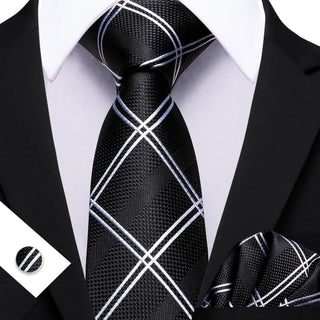 New Black White Plaid Silk Men's Necktie Pocket Square Cufflinks Set