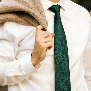 Emerald Green Floral Silk Necktie Pocket Square Cufflinks Set