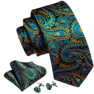 Blue Green Gold Paisley Silk Necktie Pocket Square Cufflinks Set