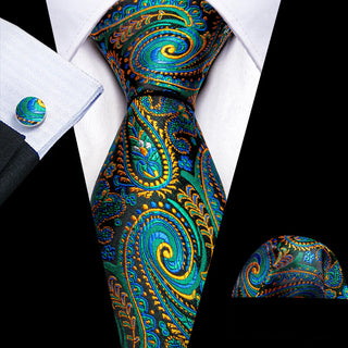 Blue Green Gold Paisley Silk Necktie Pocket Square Cufflinks Set