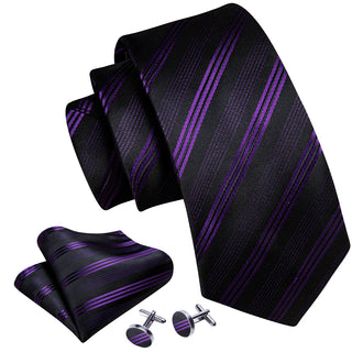 Black Purple Striped Silk Necktie Pocket Square Cufflinks Set