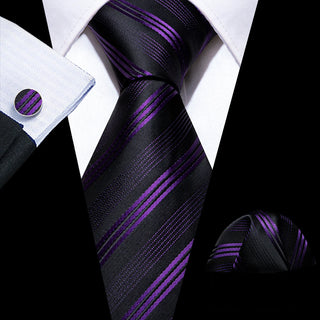 Black Purple Striped Silk Necktie Pocket Square Cufflinks Set